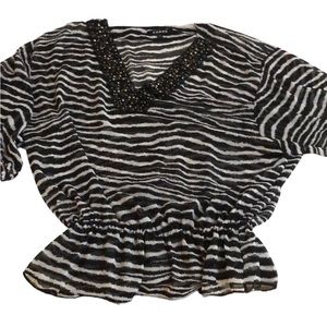 Chaus size large black & white zebra print beaded V-neck semi sheer top
